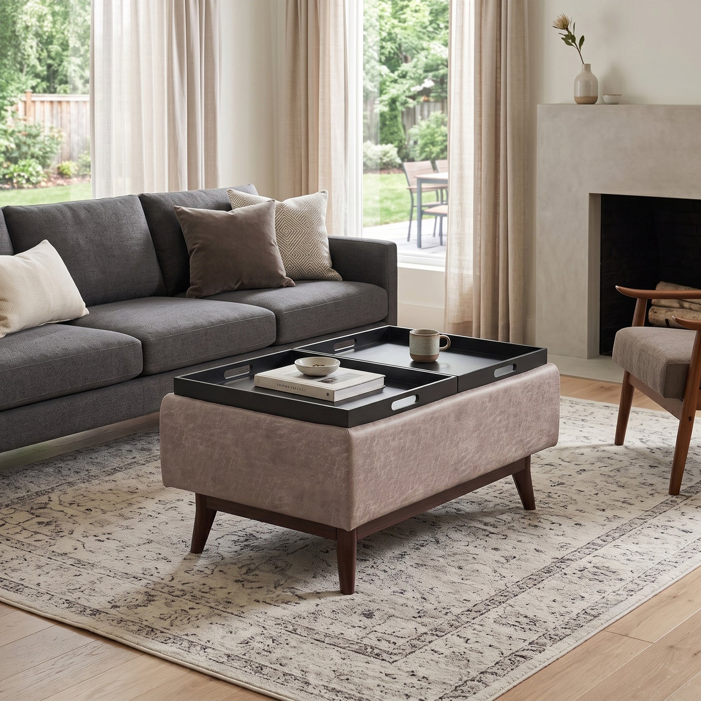 Distressed Grey Taupe Distressed Vegan Leather | Owen Tray Top Small Coffee Table Storage Ottoman