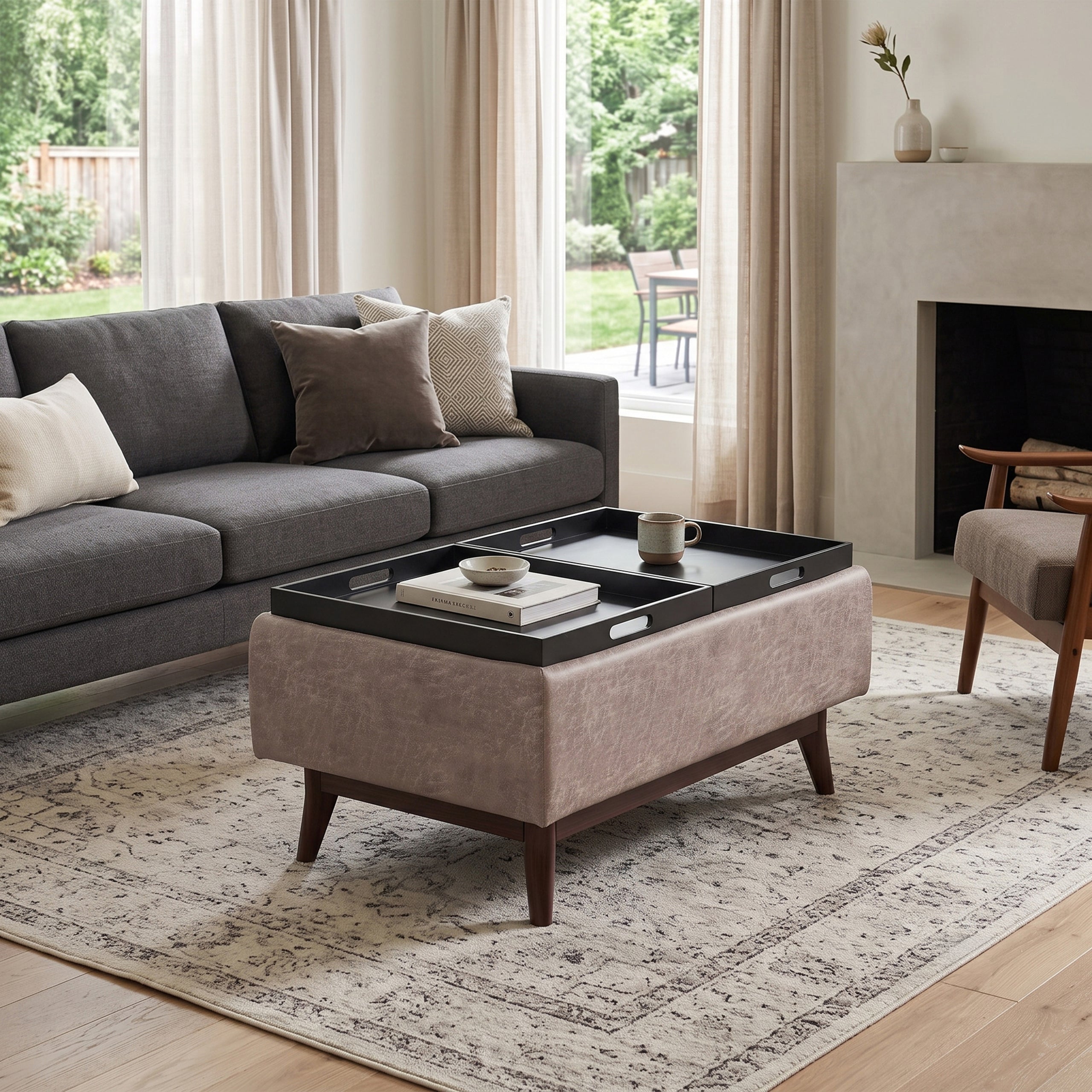 Distressed Grey Taupe Distressed Vegan Leather | Owen Tray Top Small Coffee Table Storage Ottoman
