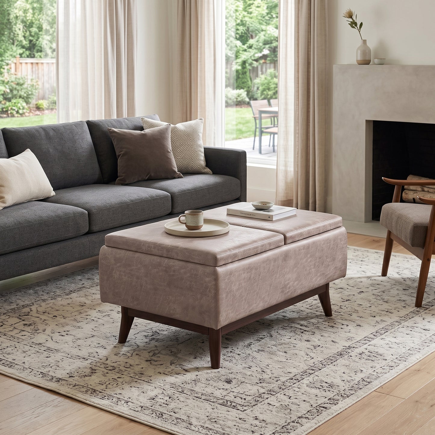 Distressed Grey Taupe Distressed Vegan Leather | Owen Tray Top Small Coffee Table Storage Ottoman