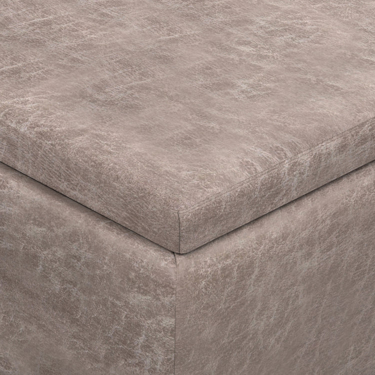 Distressed Grey Taupe Distressed Vegan Leather | Owen Tray Top Small Coffee Table Storage Ottoman