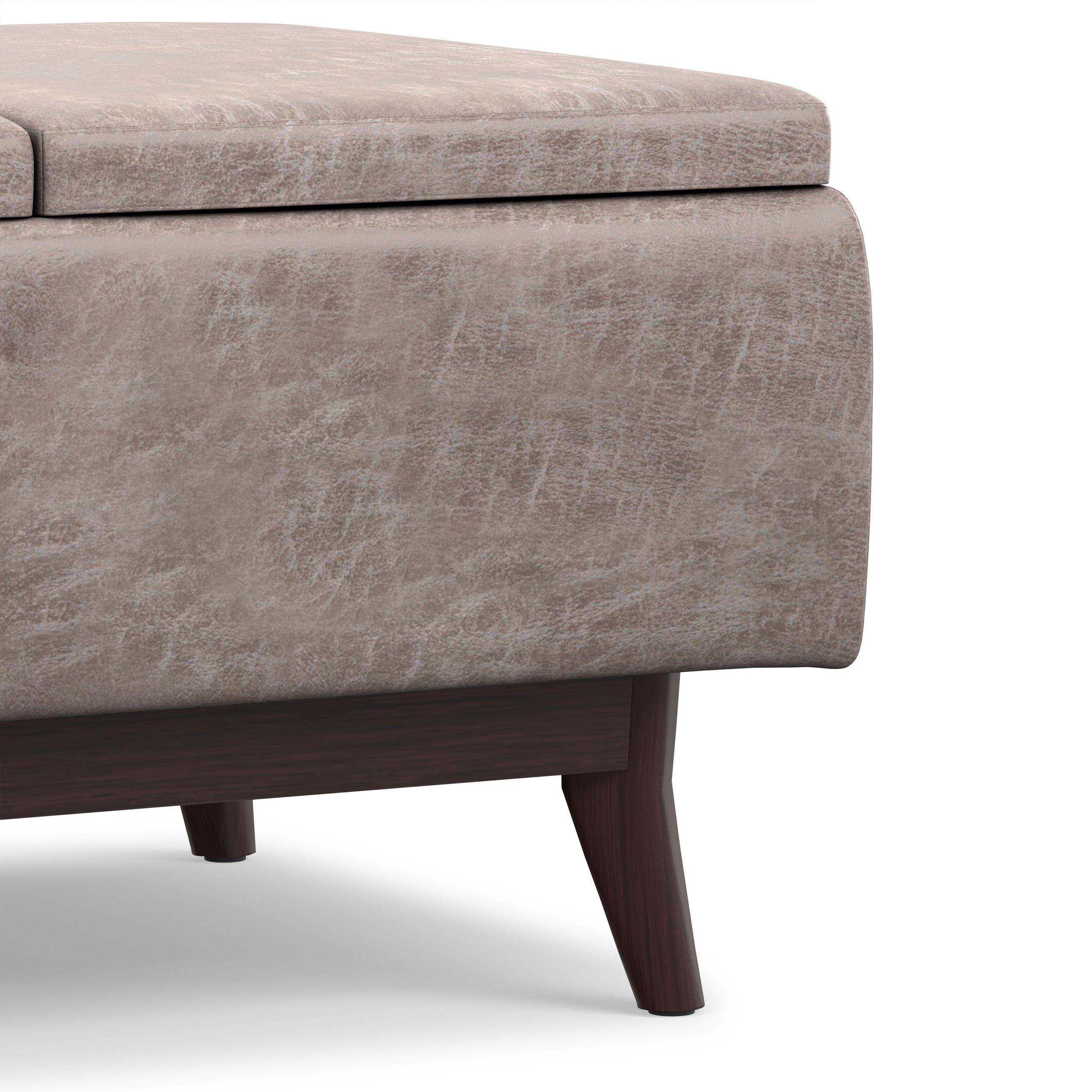 Distressed Grey Taupe Distressed Vegan Leather | Owen Tray Top Small Coffee Table Storage Ottoman