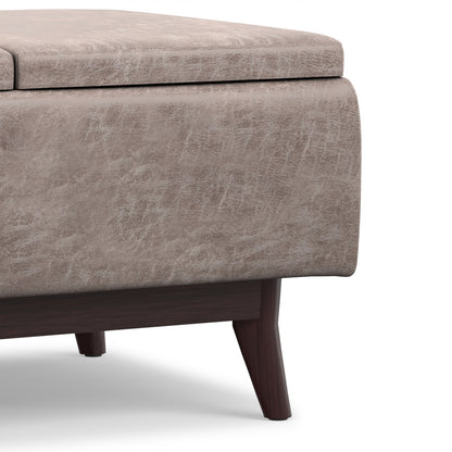 Distressed Grey Taupe Distressed Vegan Leather | Owen Tray Top Small Coffee Table Storage Ottoman