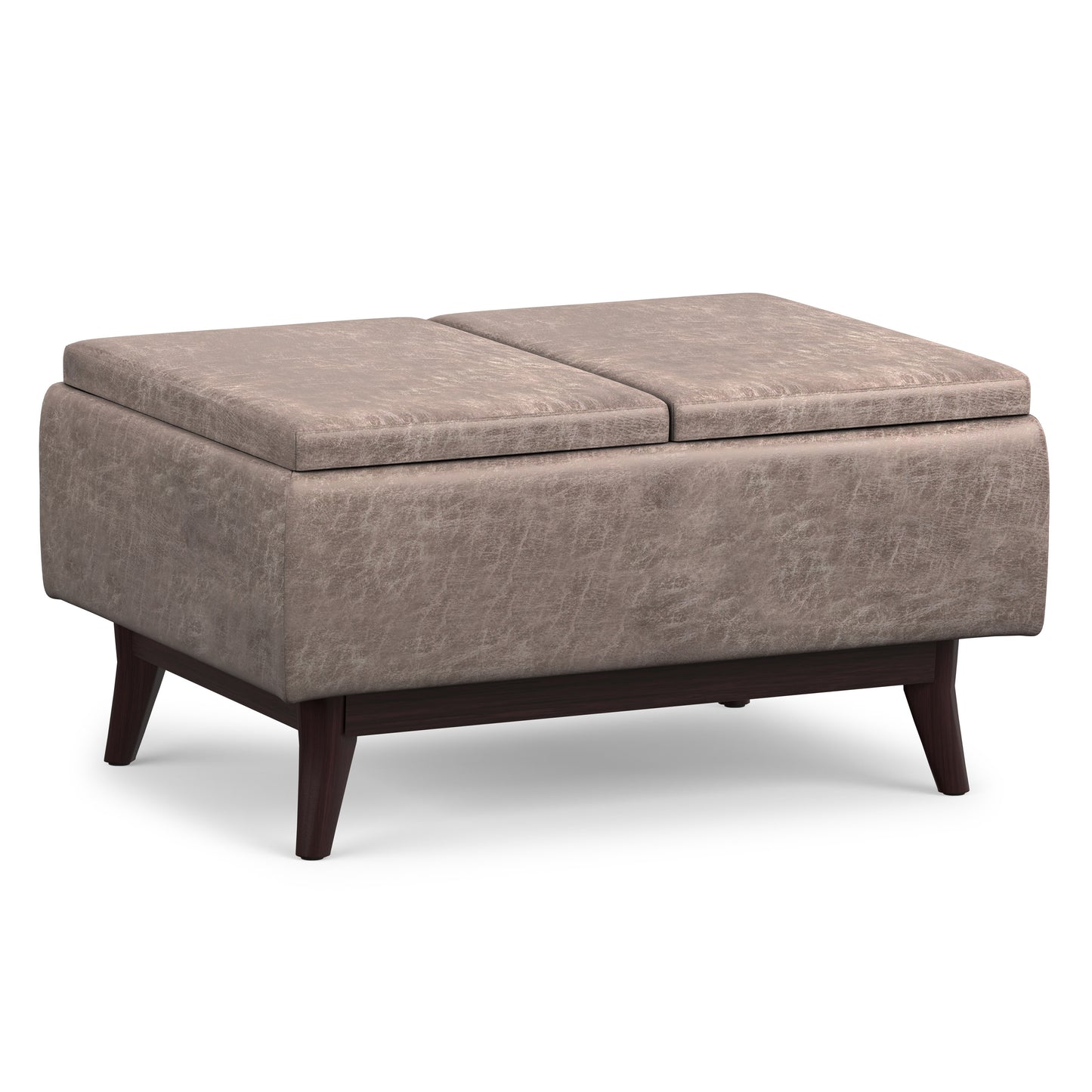 Distressed Grey Taupe Distressed Vegan Leather | Owen Tray Top Small Coffee Table Storage Ottoman