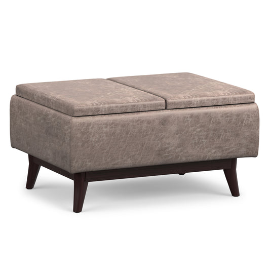 Distressed Grey Taupe Distressed Vegan Leather | Owen Tray Top Small Coffee Table Storage Ottoman