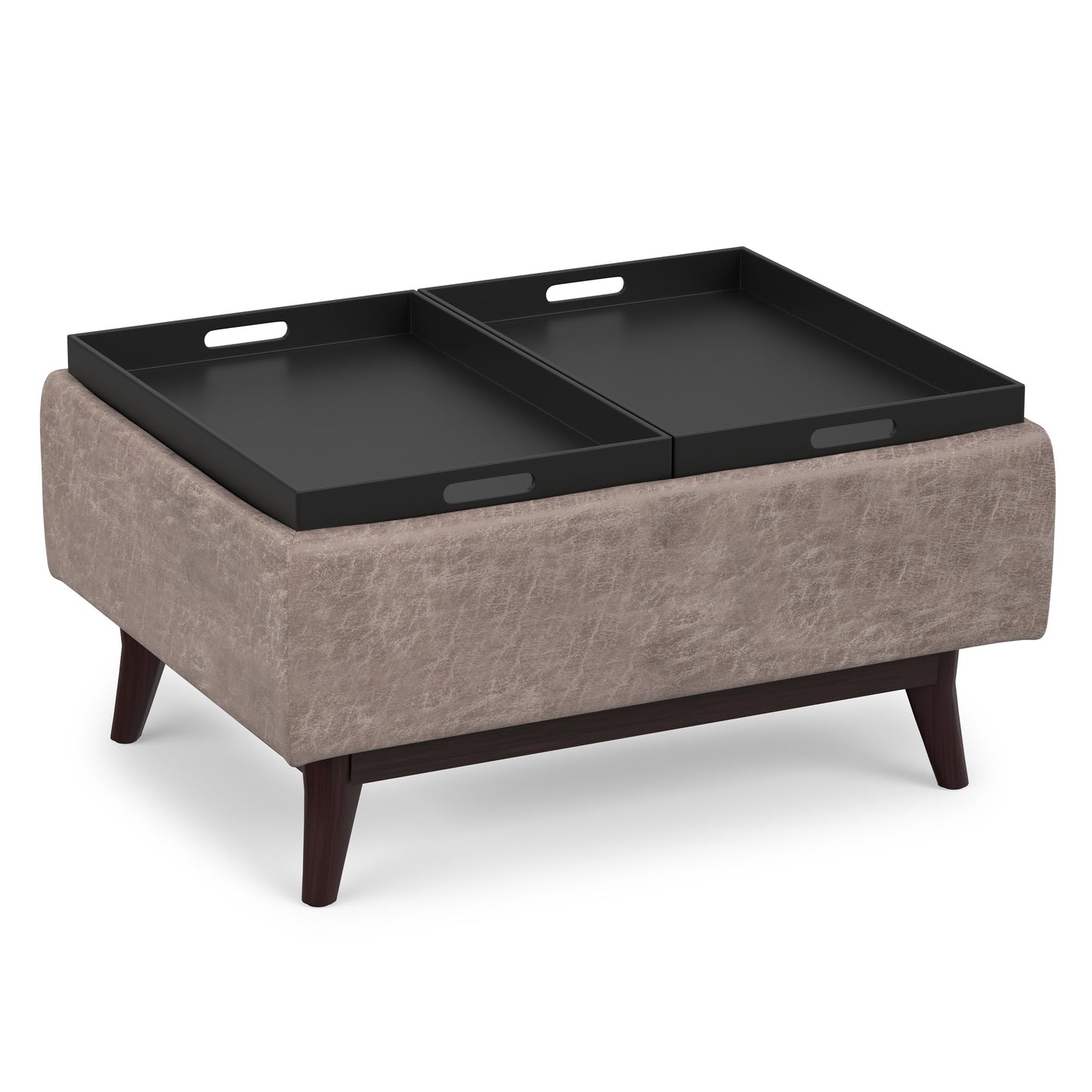 Distressed Grey Taupe Distressed Vegan Leather | Owen Tray Top Small Coffee Table Storage Ottoman