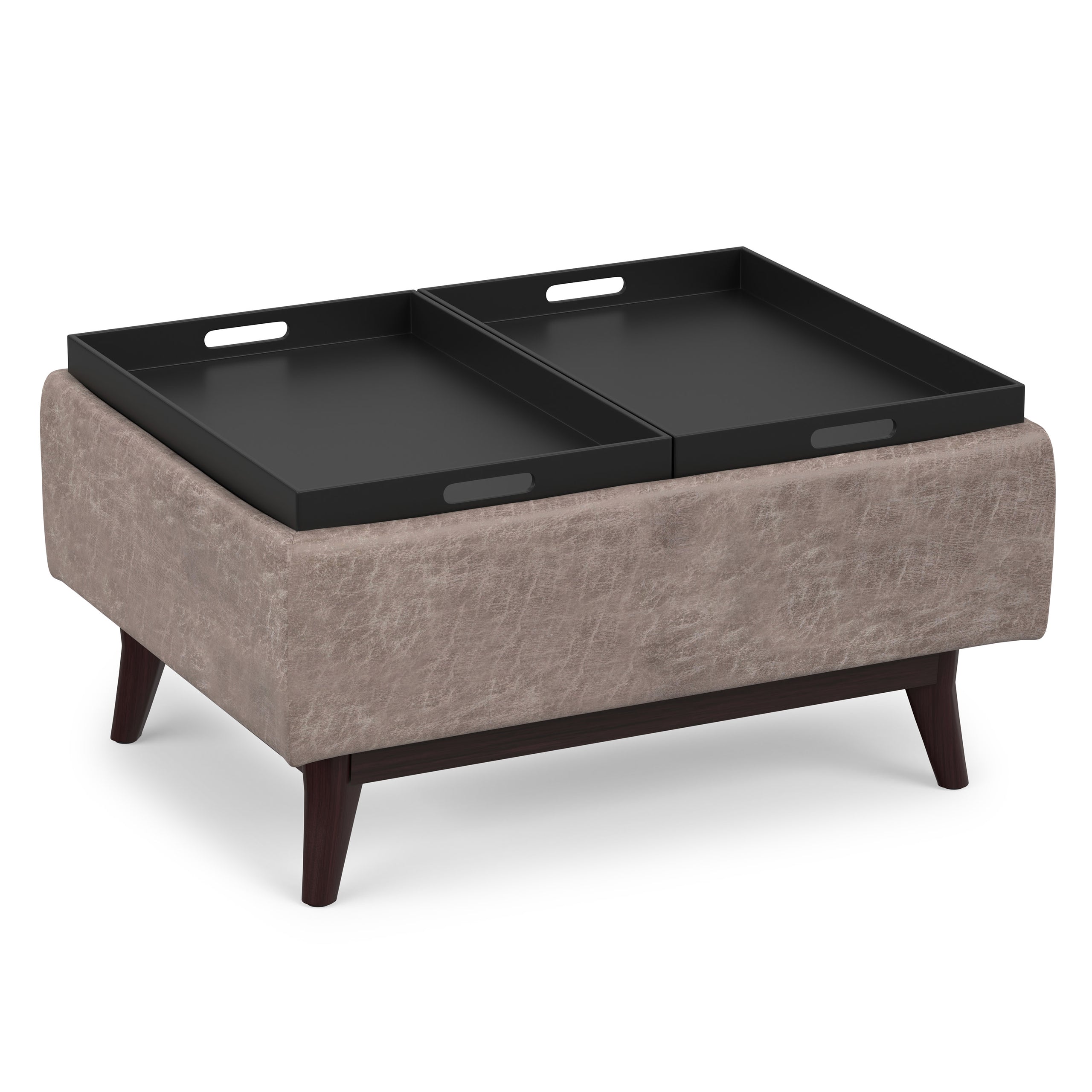 Distressed Grey Taupe Distressed Vegan Leather | Owen Tray Top Small Coffee Table Storage Ottoman