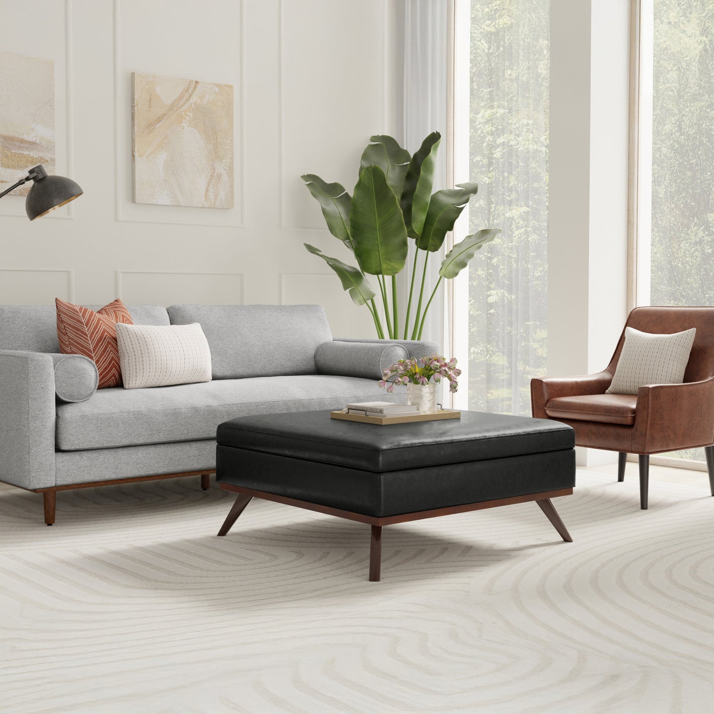 Distressed Black Distressed Vegan Leather | Owen XL Square Coffee Table Storage Ottoman in Distressed Vegan Leather