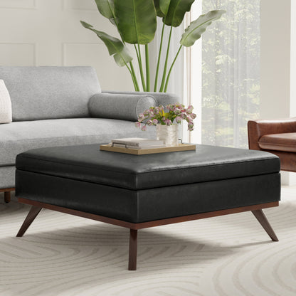 Distressed Black Distressed Vegan Leather | Owen XL Square Coffee Table Storage Ottoman in Distressed Vegan Leather