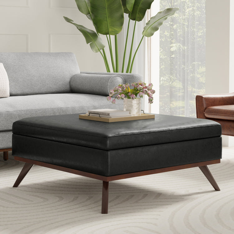 Distressed Black Distressed Vegan Leather | Owen XL Square Coffee Table Storage Ottoman in Distressed Vegan Leather
