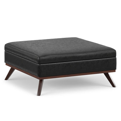 Distressed Black Distressed Vegan Leather | Owen XL Square Coffee Table Storage Ottoman in Distressed Vegan Leather