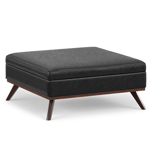 Distressed Black Distressed Vegan Leather | Owen XL Square Coffee Table Storage Ottoman in Distressed Vegan Leather