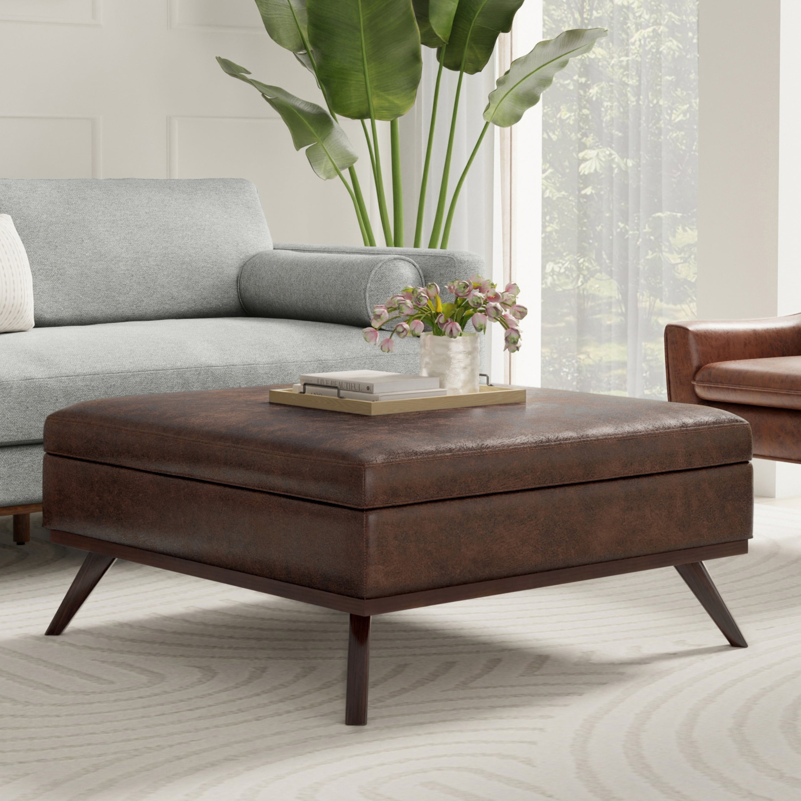 Distressed Chestnut Brown Distressed Vegan Leather | Owen XL Square Coffee Table Storage Ottoman in Distressed Vegan Leather