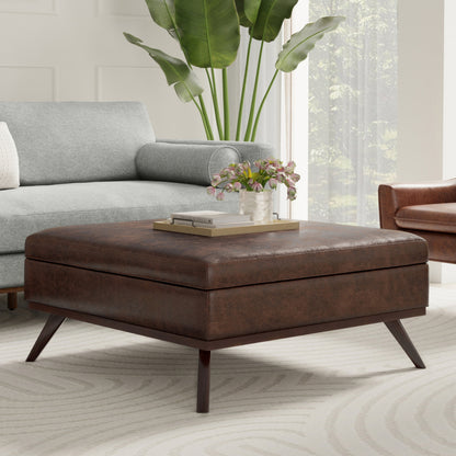 Distressed Chestnut Brown Distressed Vegan Leather | Owen XL Square Coffee Table Storage Ottoman in Distressed Vegan Leather