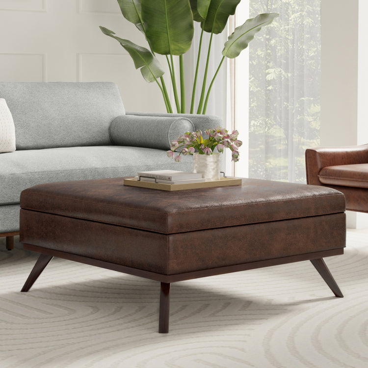 Distressed Chestnut Brown Distressed Vegan Leather | Owen XL Square Coffee Table Storage Ottoman in Distressed Vegan Leather
