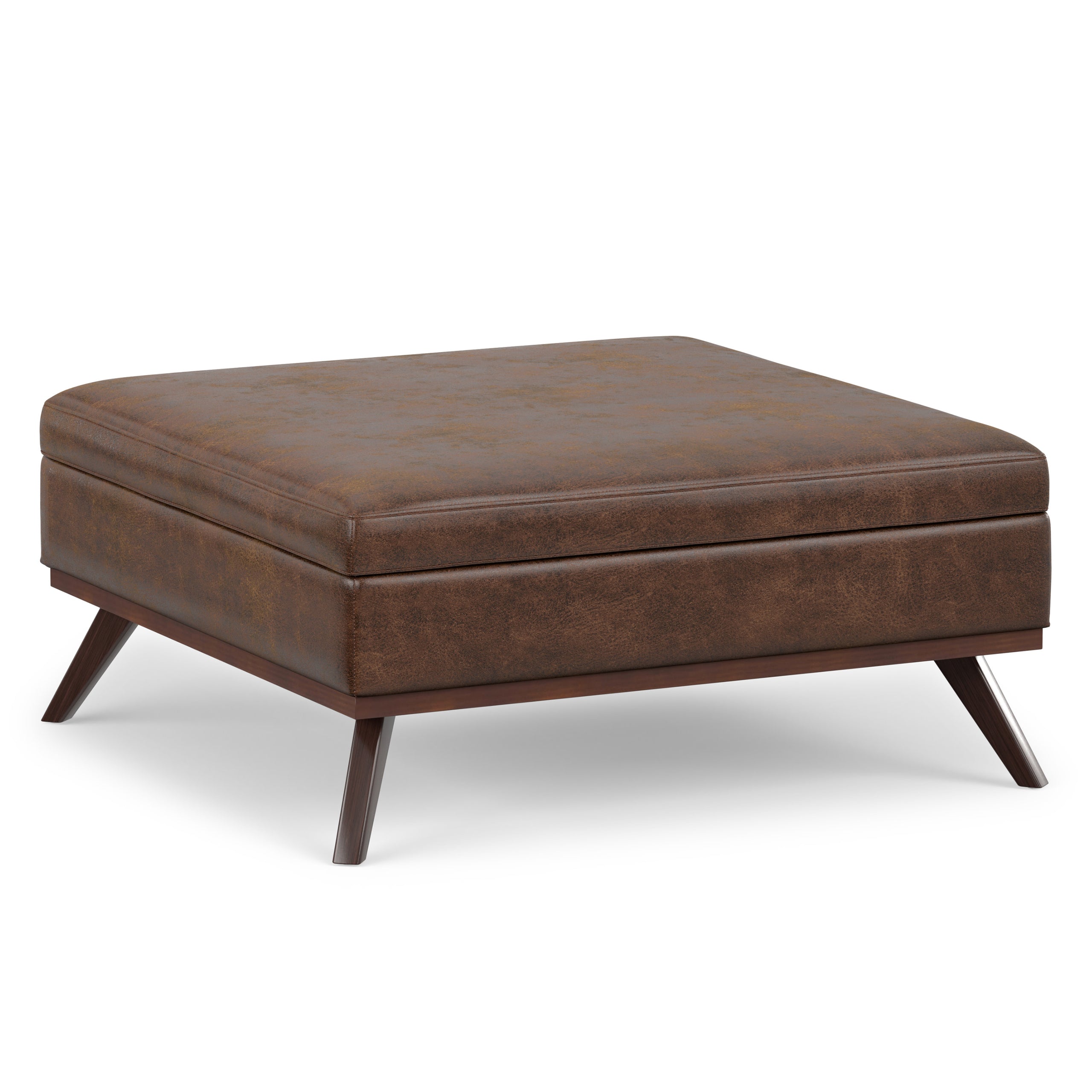 Distressed Chestnut Brown Distressed Vegan Leather | Owen XL Square Coffee Table Storage Ottoman in Distressed Vegan Leather