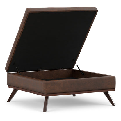 Distressed Chestnut Brown Distressed Vegan Leather | Owen XL Square Coffee Table Storage Ottoman in Distressed Vegan Leather