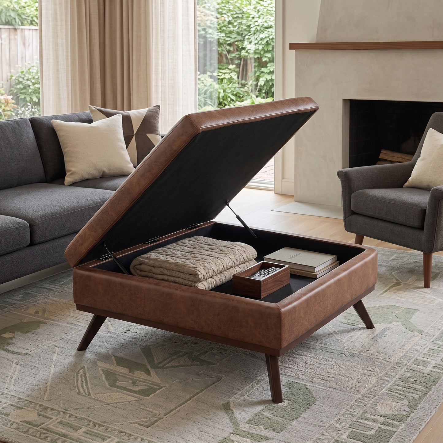Distressed Saddle Brown Distressed Vegan Leather | Owen XL Square Coffee Table Storage Ottoman in Distressed Vegan Leather