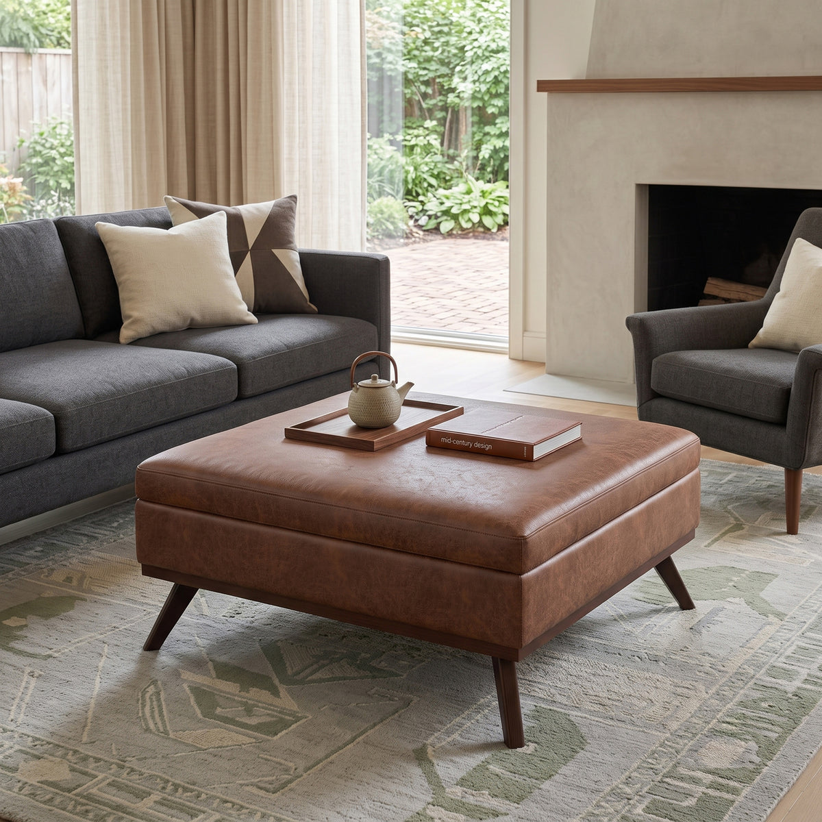 Distressed Saddle Brown Distressed Vegan Leather | Owen XL Square Coffee Table Storage Ottoman in Distressed Vegan Leather