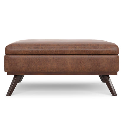 Distressed Saddle Brown Distressed Vegan Leather | Owen XL Square Coffee Table Storage Ottoman in Distressed Vegan Leather