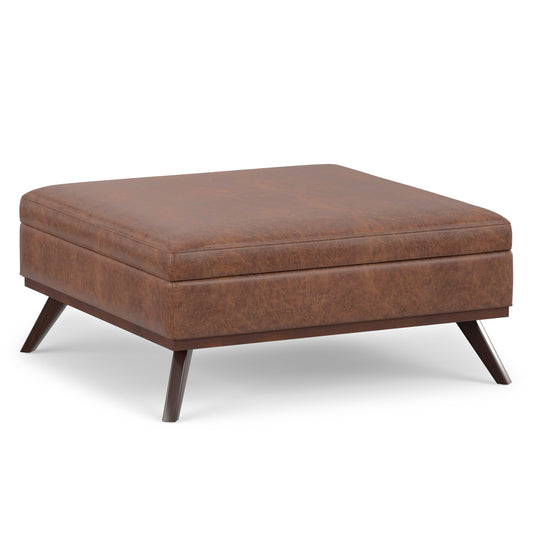 Distressed Saddle Brown Distressed Vegan Leather | Owen XL Square Coffee Table Storage Ottoman in Distressed Vegan Leather