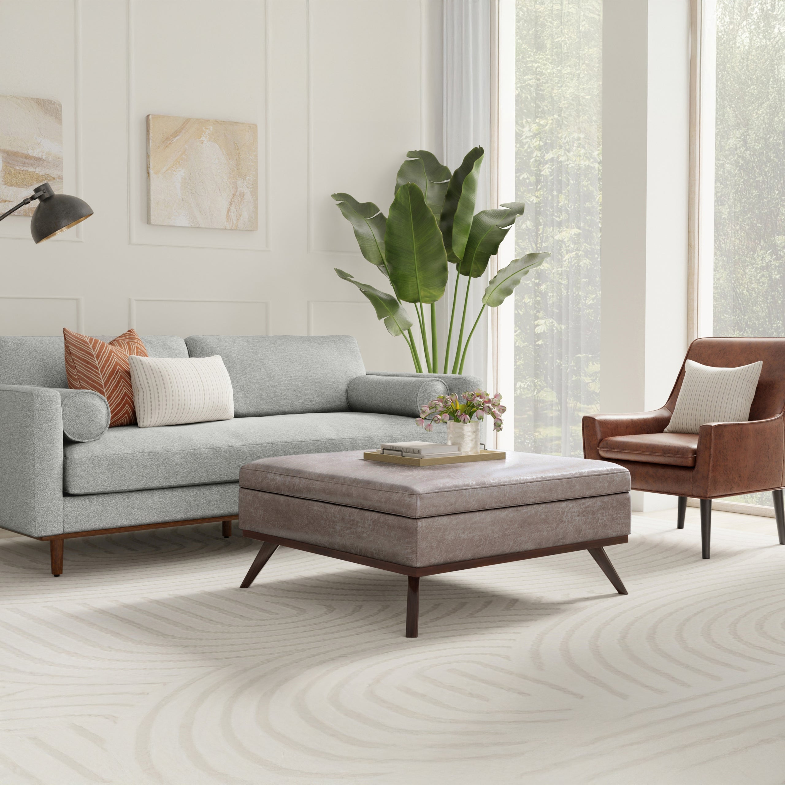Distressed Grey Taupe Distressed Vegan Leather | Owen XL Square Coffee Table Storage Ottoman in Distressed Vegan Leather