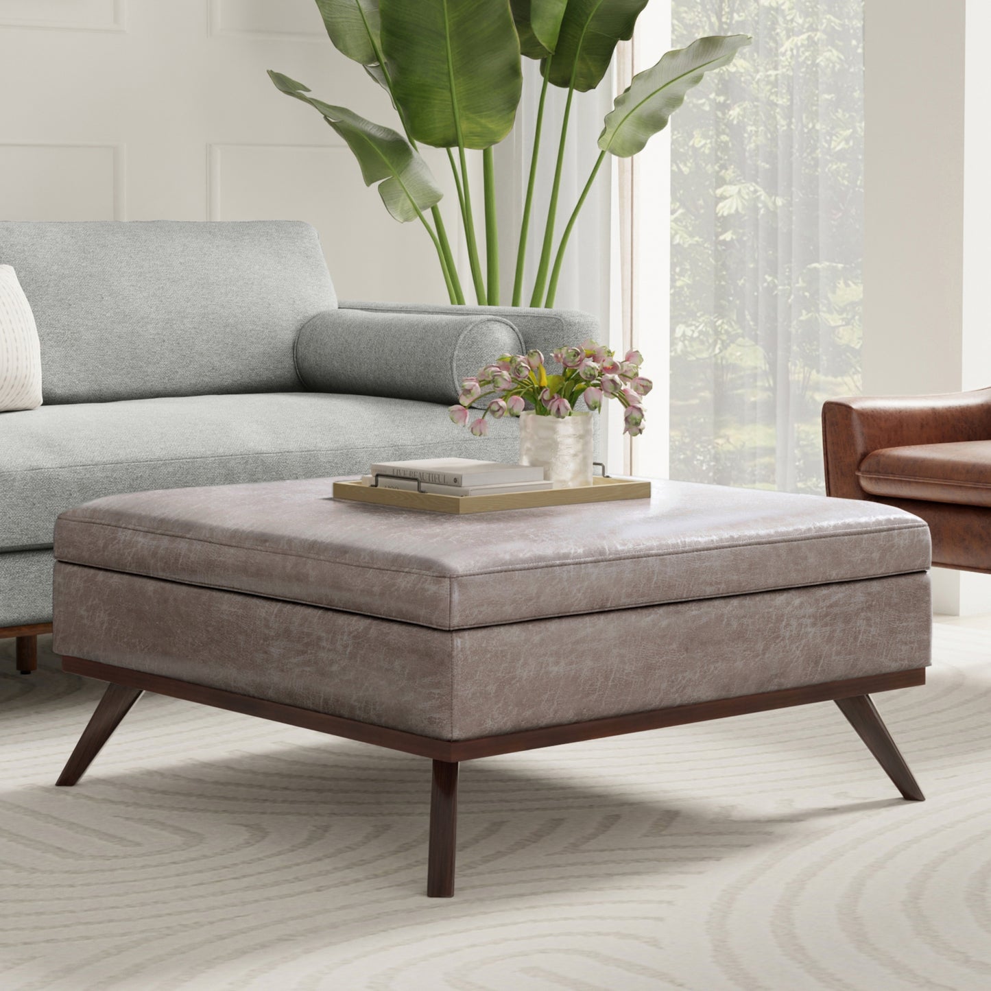 Distressed Grey Taupe Distressed Vegan Leather | Owen XL Square Coffee Table Storage Ottoman in Distressed Vegan Leather