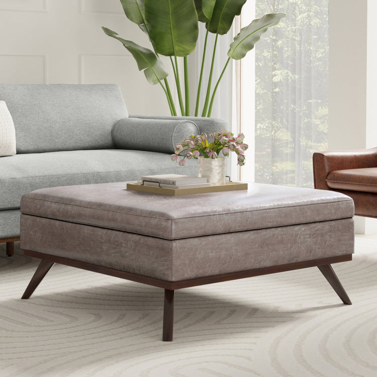Distressed Grey Taupe Distressed Vegan Leather | Owen XL Square Coffee Table Storage Ottoman in Distressed Vegan Leather