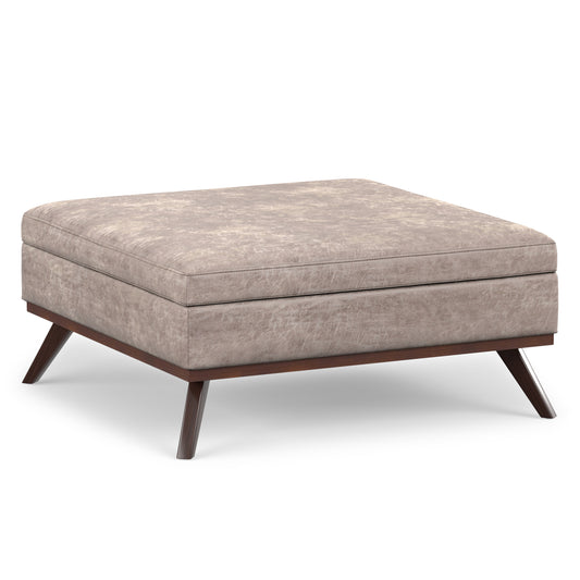 Distressed Grey Taupe Distressed Vegan Leather | Owen XL Square Coffee Table Storage Ottoman in Distressed Vegan Leather