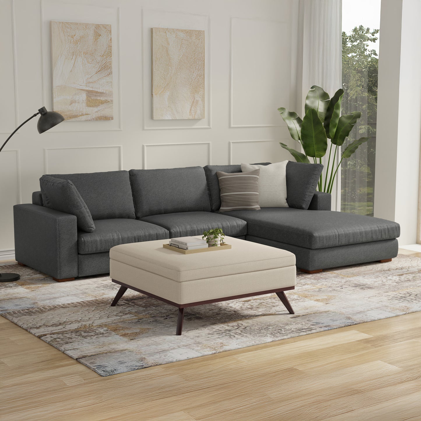 Natural Linen Style Fabric | Owen XL Square Coffee Table Storage Ottoman in Linen Style Fabric