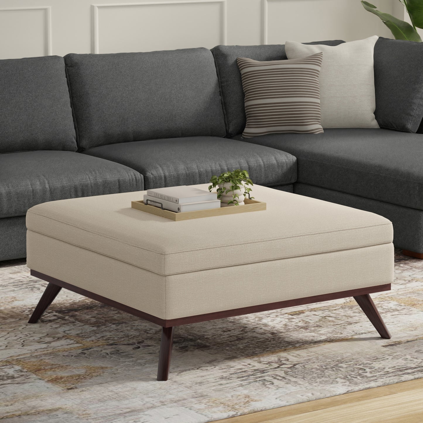 Natural Linen Style Fabric | Owen XL Square Coffee Table Storage Ottoman in Linen Style Fabric