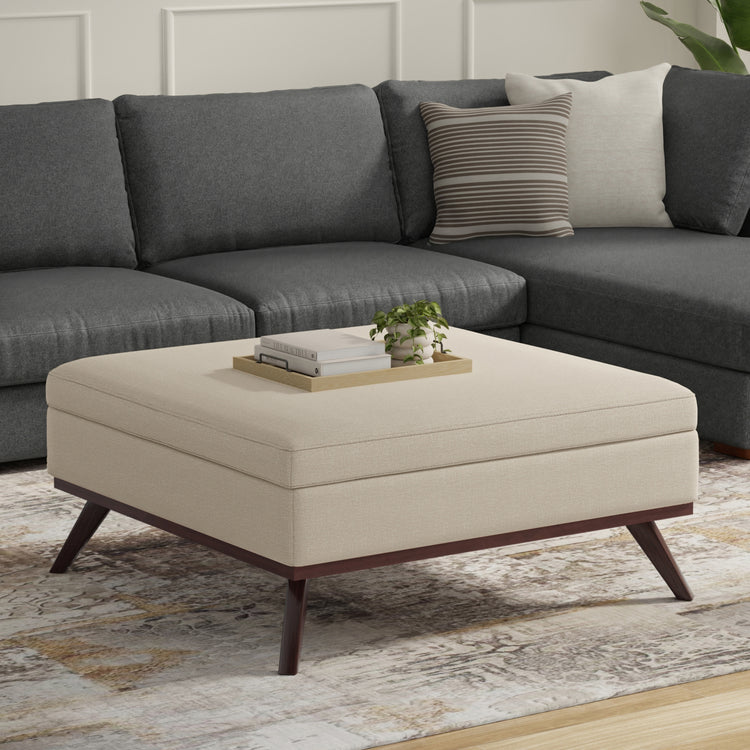 Natural Linen Style Fabric | Owen XL Square Coffee Table Storage Ottoman in Linen Style Fabric