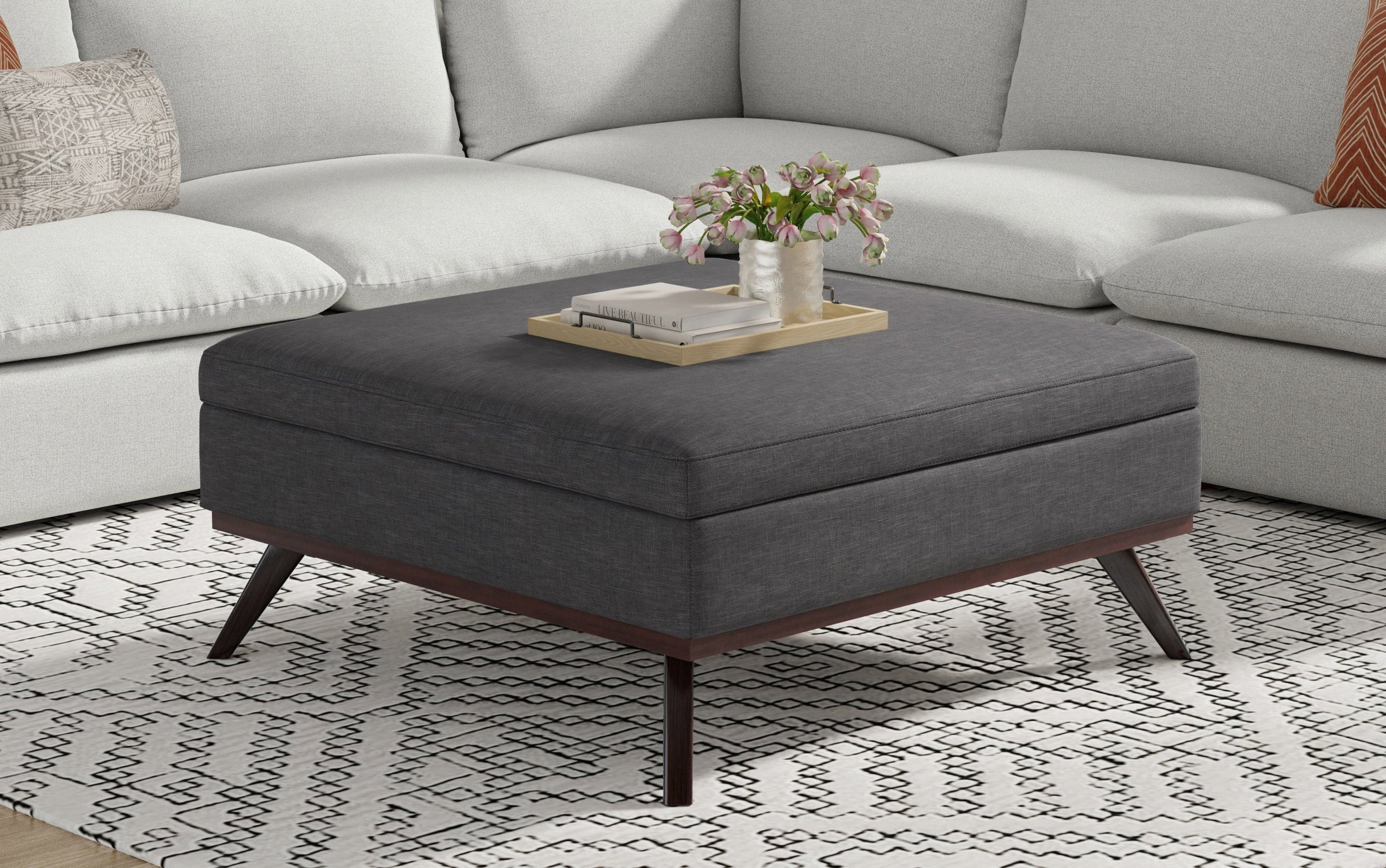 Slate Grey Linen Style Fabric | Owen XL Square Coffee Table Storage Ottoman in Linen Style Fabric