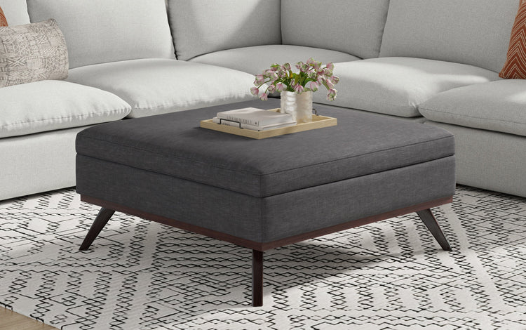 Slate Grey Linen Style Fabric | Owen XL Square Coffee Table Storage Ottoman in Linen Style Fabric