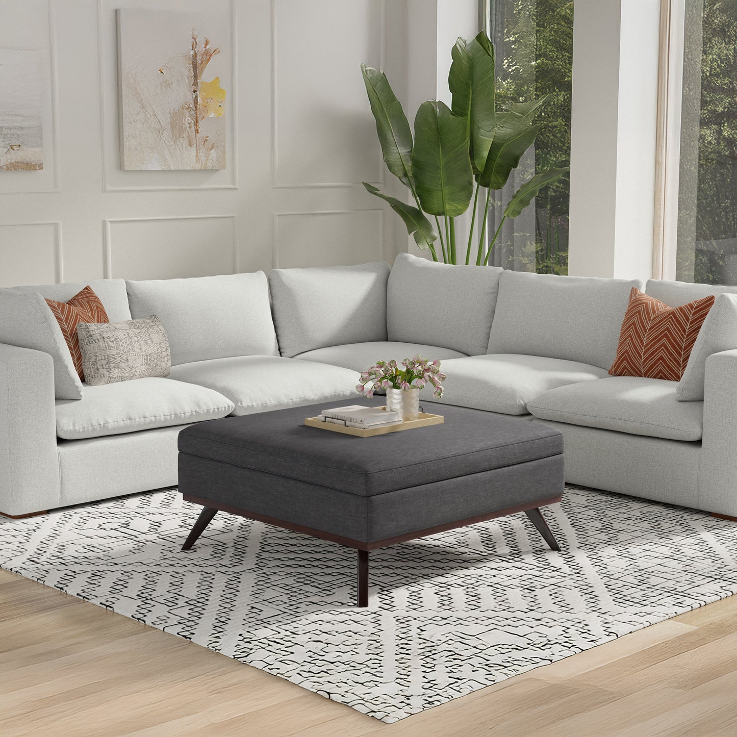 Slate Grey Linen Style Fabric | Owen XL Square Coffee Table Storage Ottoman in Linen Style Fabric