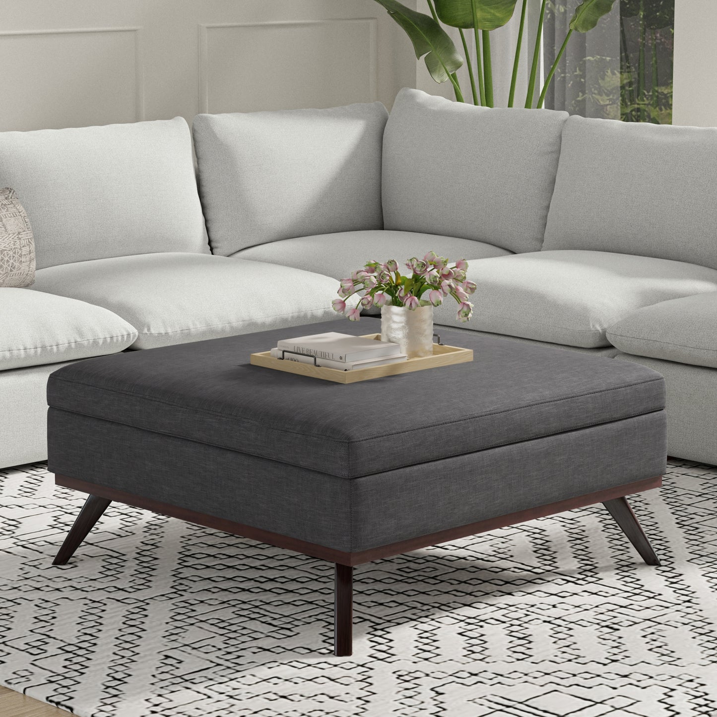 Slate Grey Linen Style Fabric | Owen XL Square Coffee Table Storage Ottoman in Linen Style Fabric