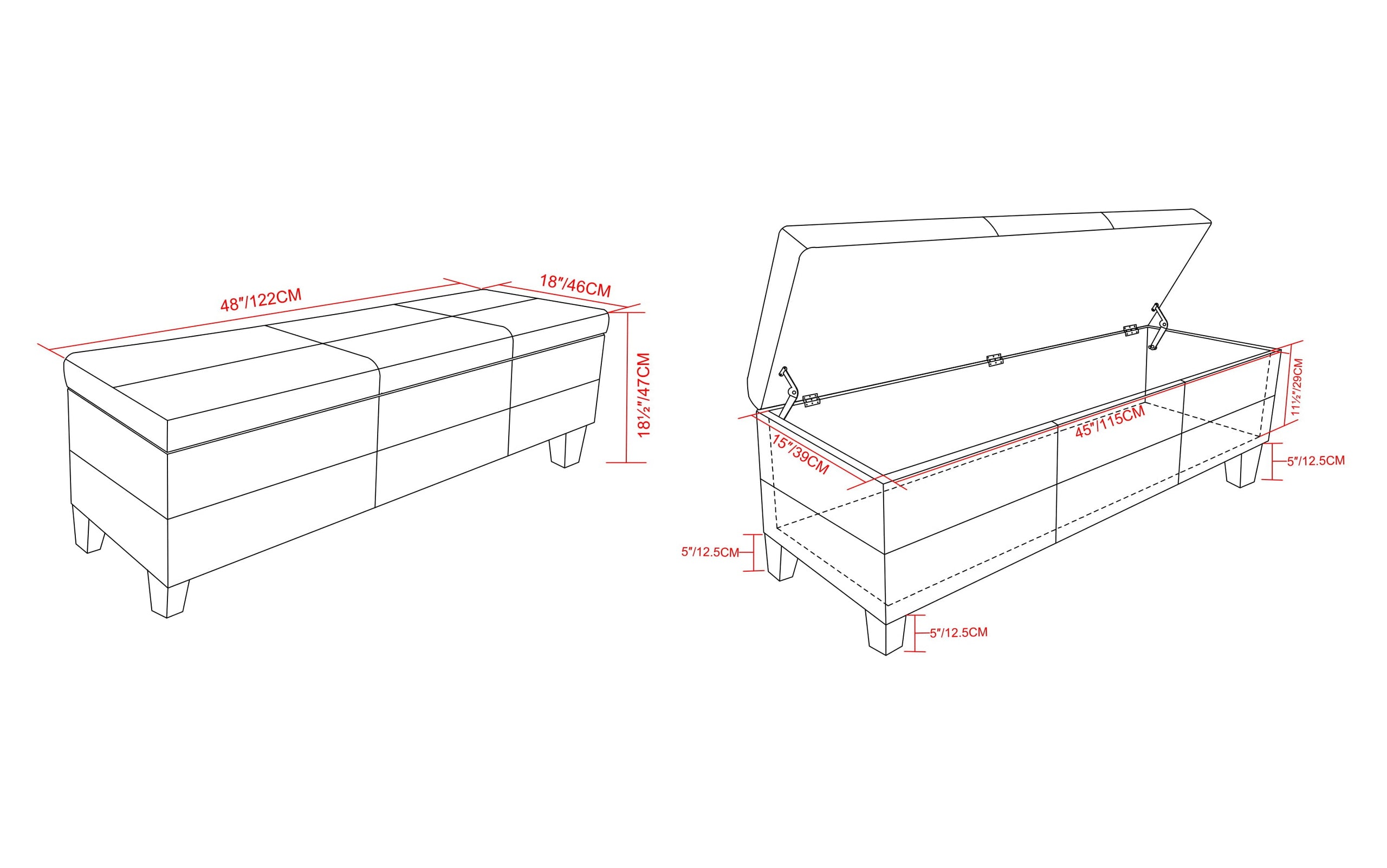 Midnight Black | Afton Storage Ottoman Bench