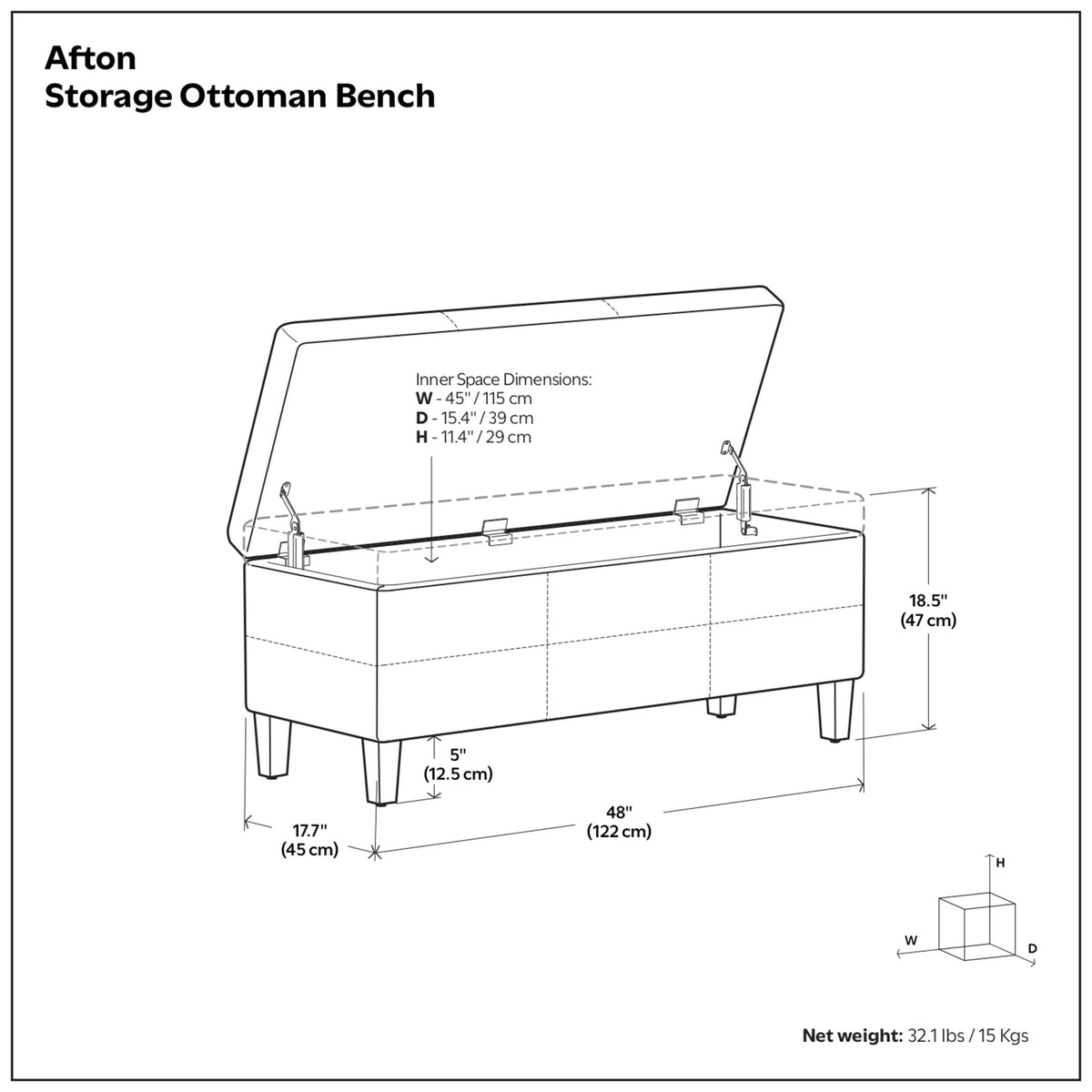 Midnight Black | Afton Storage Ottoman Bench