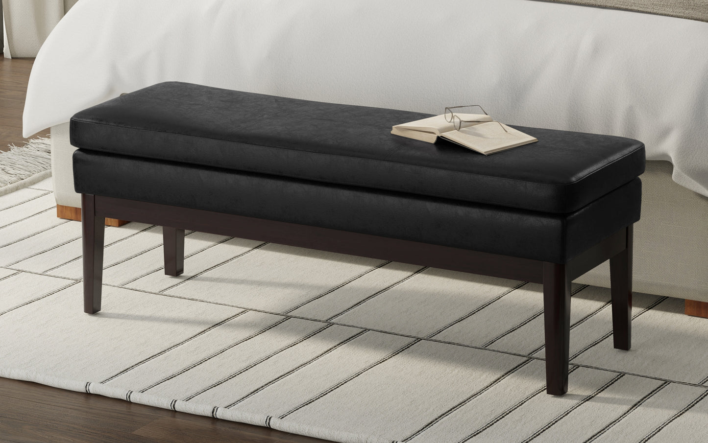 Distressed Black Distressed Vegan Leather | Carlson Ottoman Bench in Distressed Vegan Leather