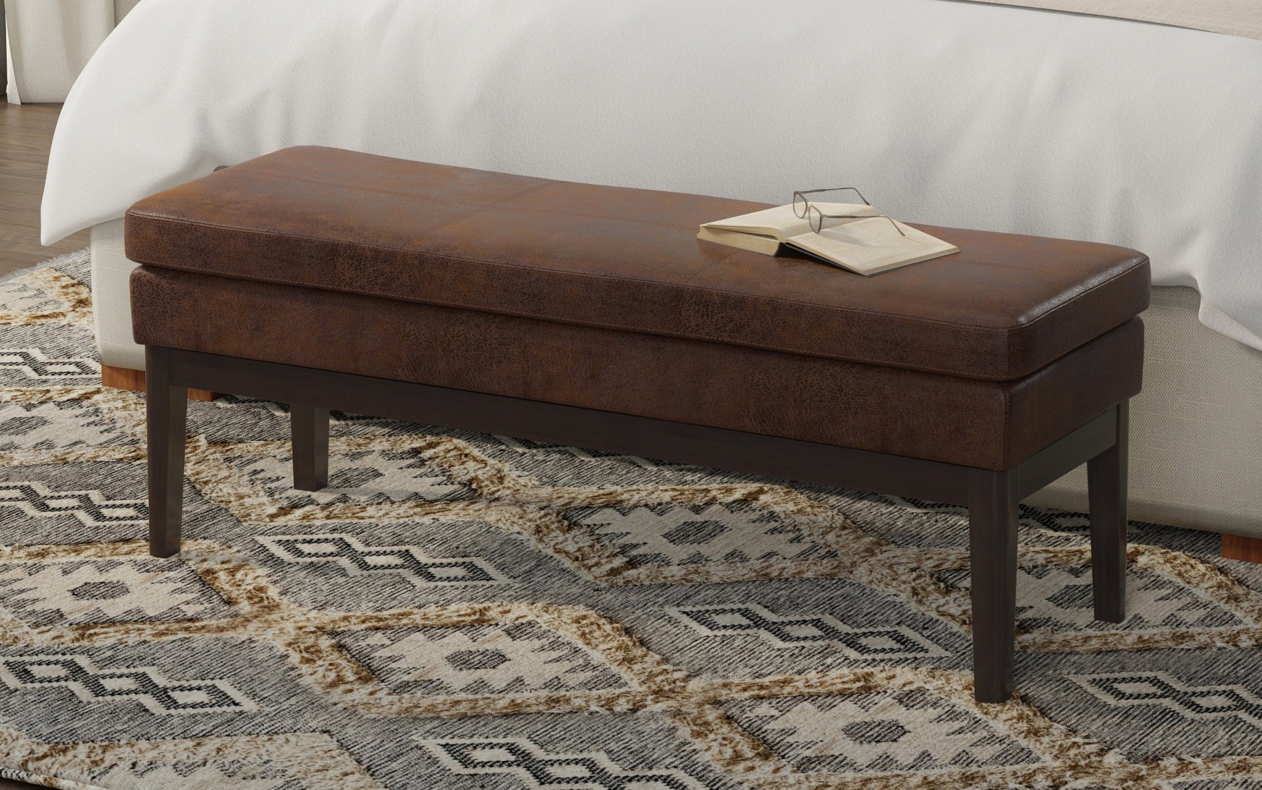 Distressed Chestnut Brown Distressed Vegan Leather | Carlson Ottoman Bench in Distressed Vegan Leather
