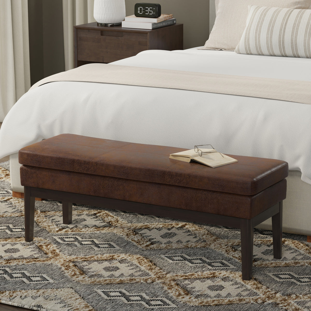 Distressed Chestnut Brown Distressed Vegan Leather | Carlson Ottoman Bench in Distressed Vegan Leather