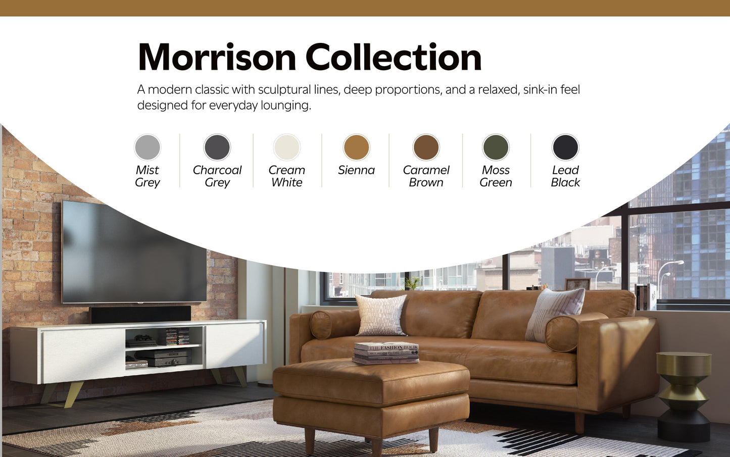 Caramel Brown Genuine Top Grain Leather | Morrison Ottoman in Genuine Top Grain Leather