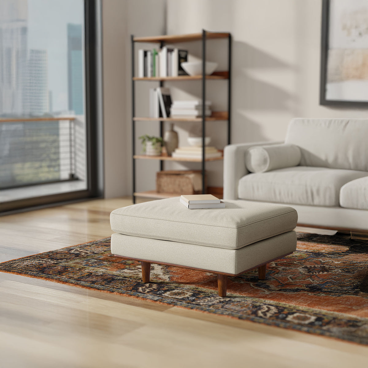 Cream White Woven-Blend Fabric | Morrison Ottoman
