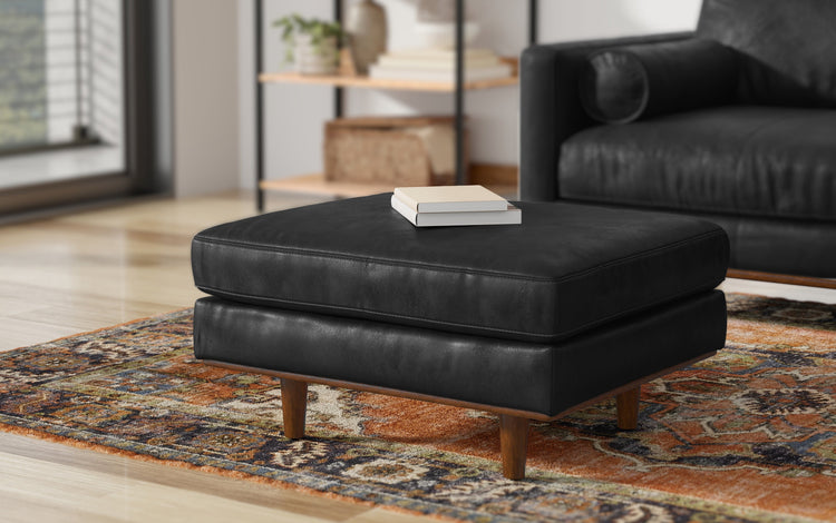 Lead Black Genuine Top Grain Leather | Morrison Ottoman in Genuine Top Grain Leather
