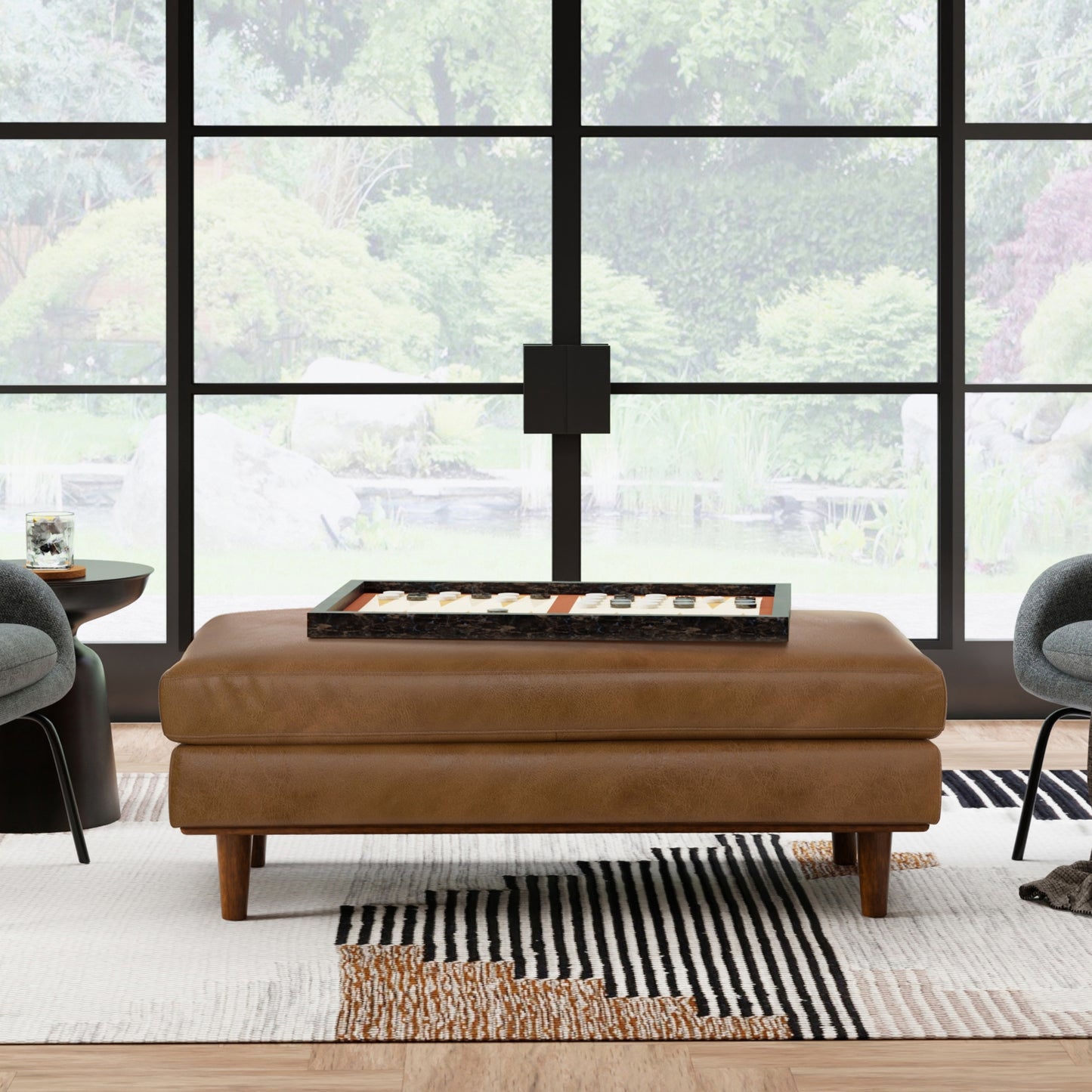Caramel Brown Genuine Top Grain Leather | Morrison Large Rectangular Ottoman in Genuine Leather