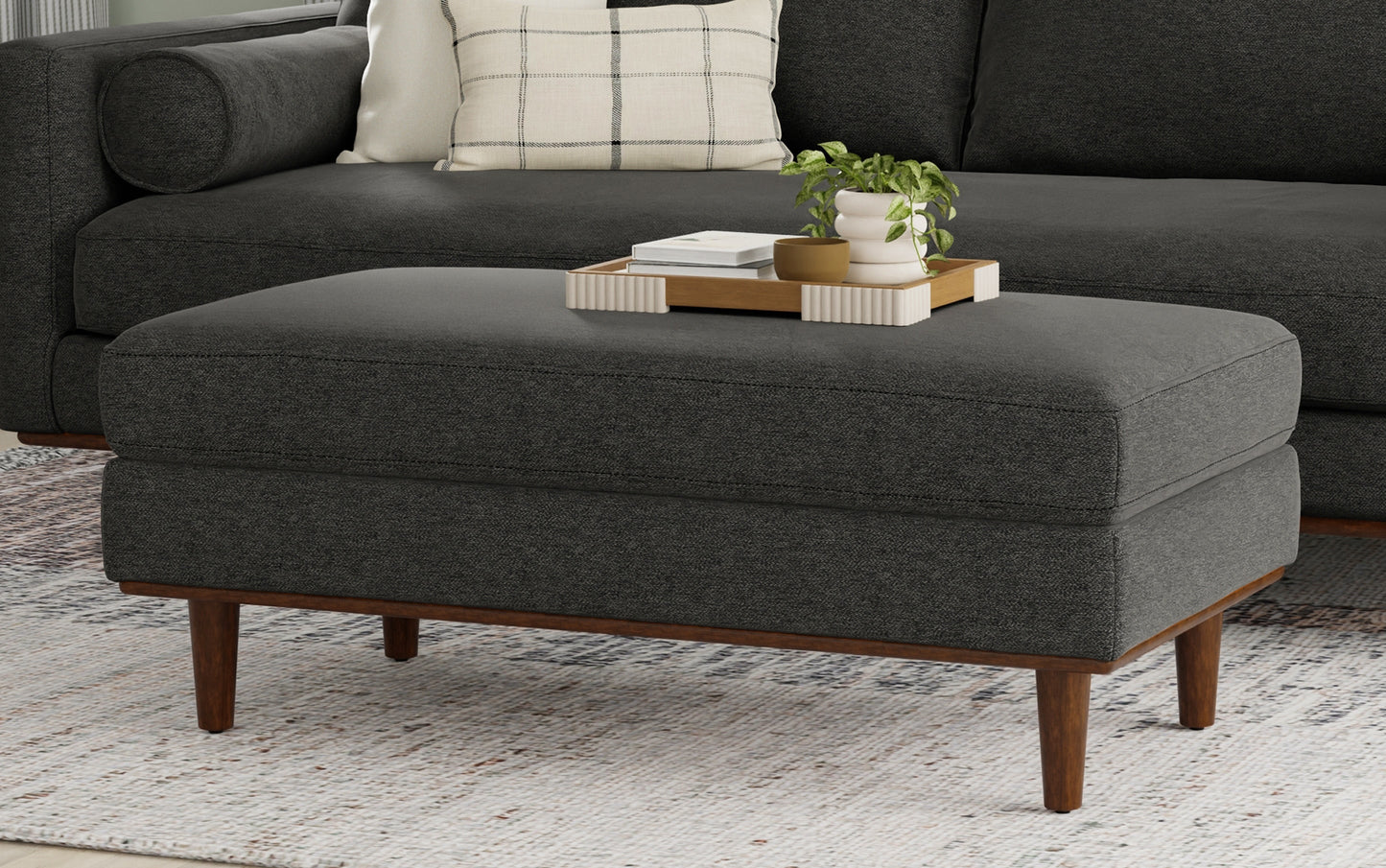 Charcoal Grey Woven-Blend Fabric | Morrison Large Rectangular Ottoman
