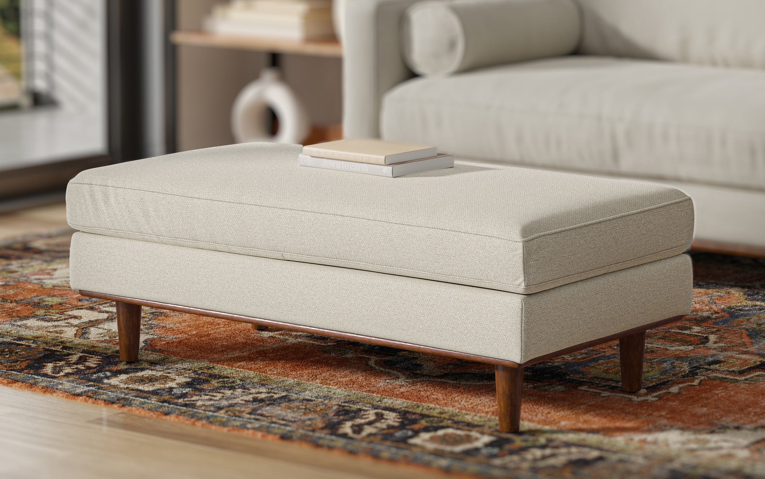 Cream White Woven-Blend Fabric | Morrison Large Rectangular Ottoman