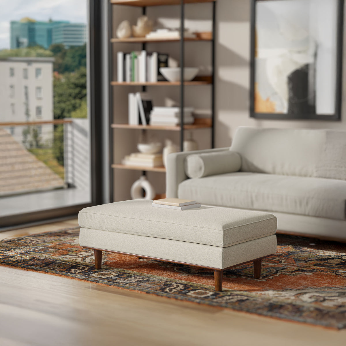 Cream White Woven-Blend Fabric | Morrison Large Rectangular Ottoman