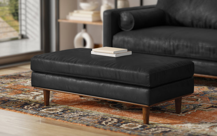 Lead Black Genuine Top Grain Leather | Morrison Large Rectangular Ottoman in Genuine Leather