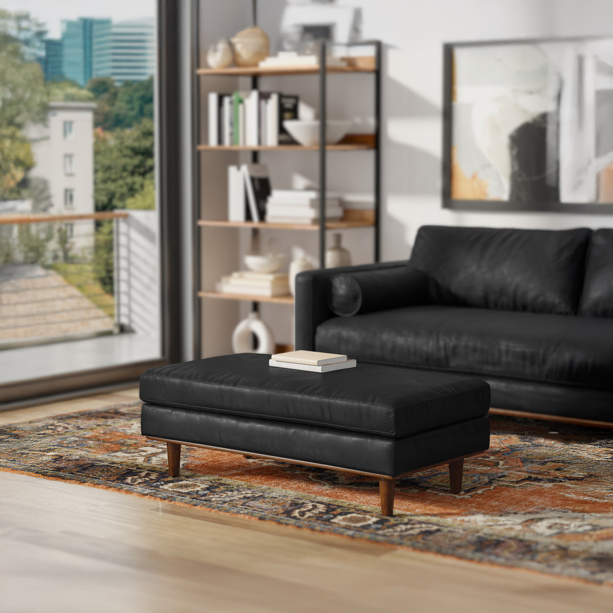 Lead Black Genuine Top Grain Leather | Morrison Large Rectangular Ottoman in Genuine Leather