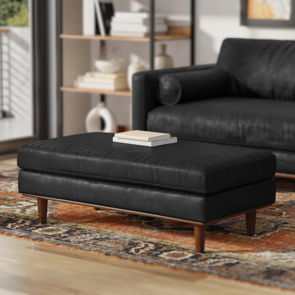 Lead Black Genuine Top Grain Leather | Morrison Large Rectangular Ottoman in Genuine Leather